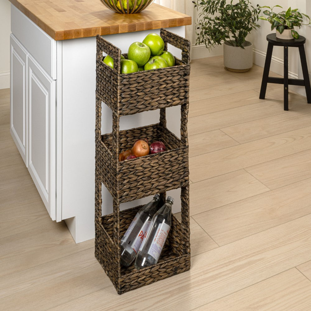 Olvara 35.5 in. H Coastal Handwoven Water Hyacinth 3-Tier Freestanding Storage Tower with Metal Frame and Handles