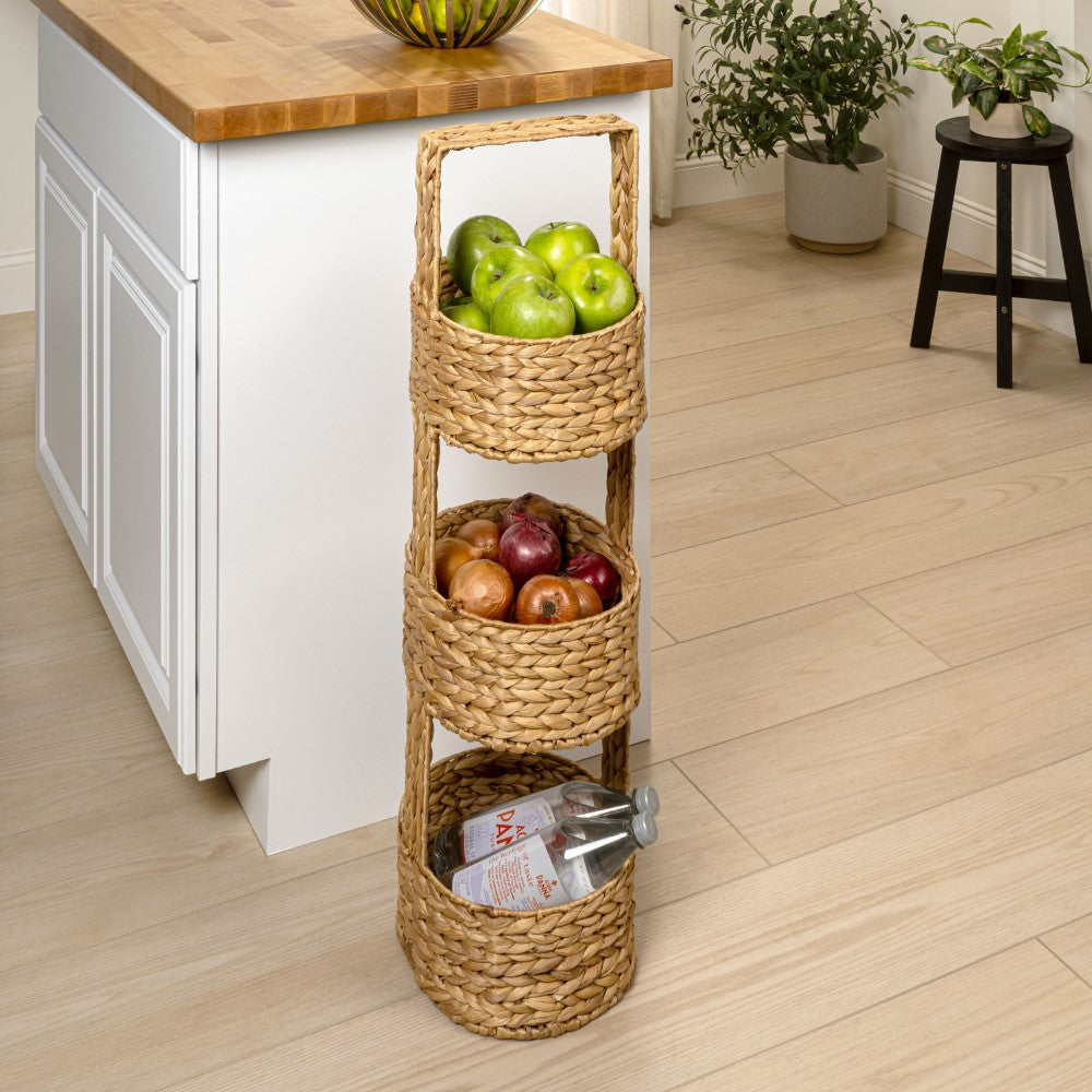 Havenor 35.5 in. H Coastal Handwoven Water Hyacinth 3-Tier Round Basket Freestanding Storage Tower Stand with Top Handle