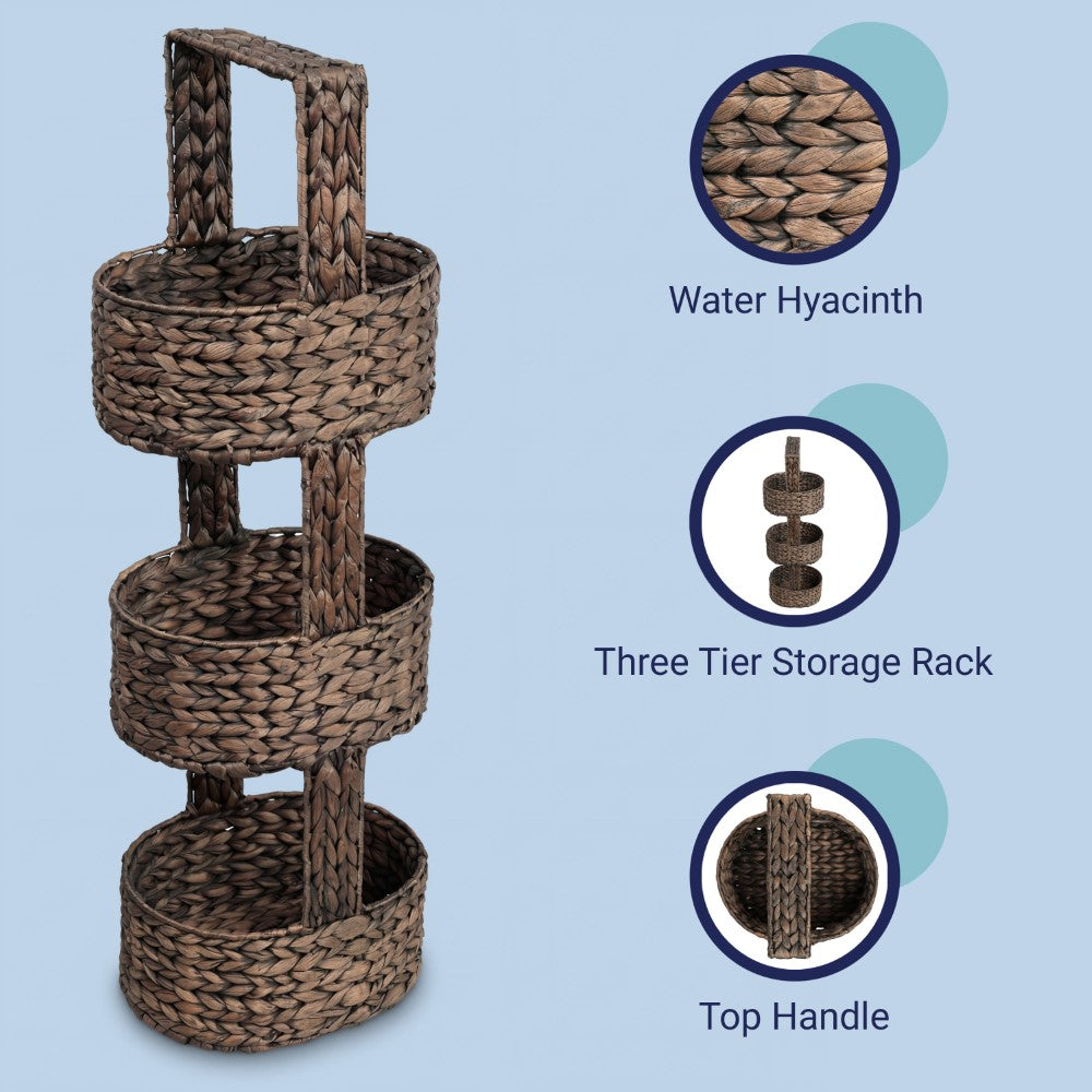 Havenor 35.5 in. H Coastal Handwoven Water Hyacinth 3-Tier Round Basket Freestanding Storage Tower Stand with Top Handle