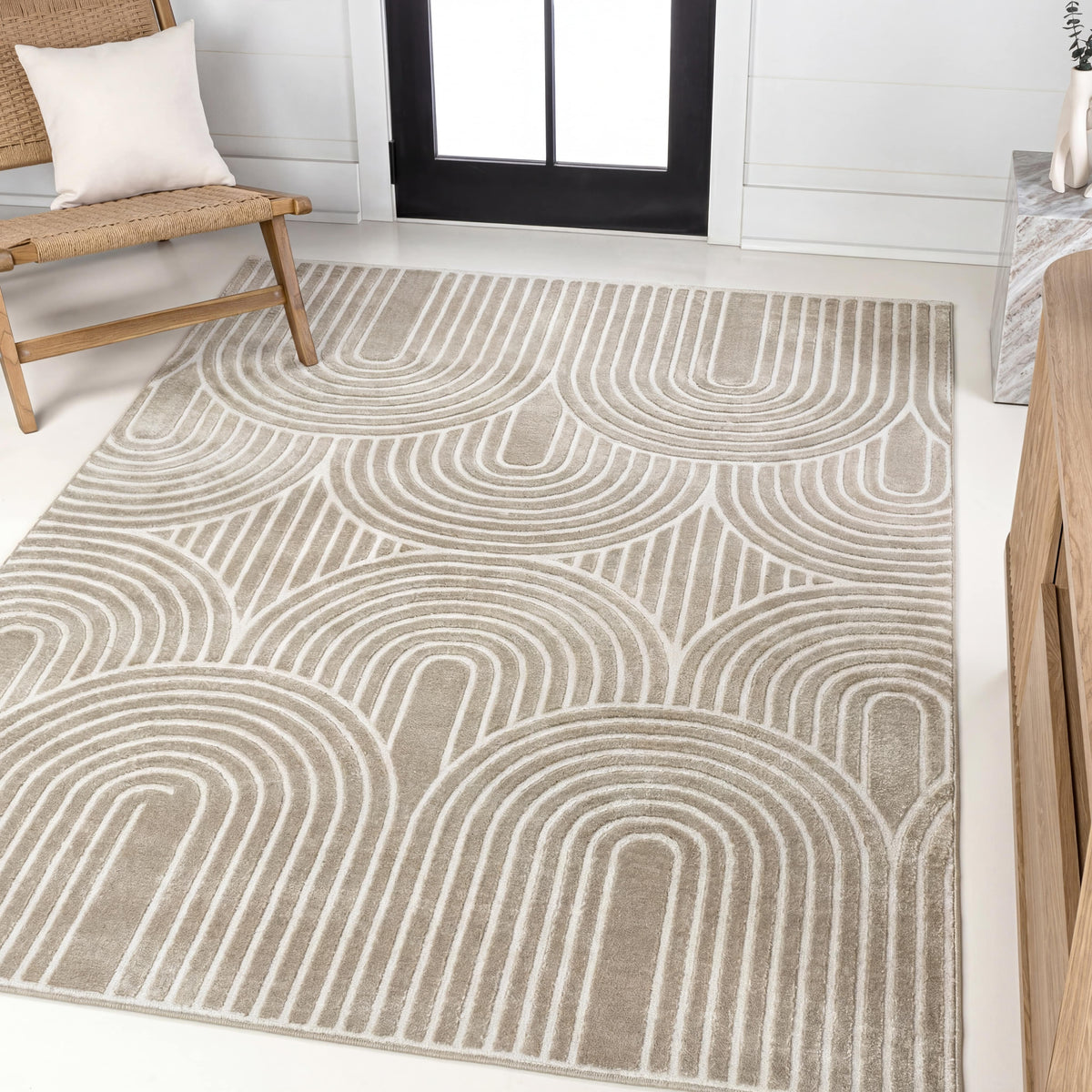 Pastel MidCentury Art Deco Striped Arches Two-Tone High-Low Area Rug