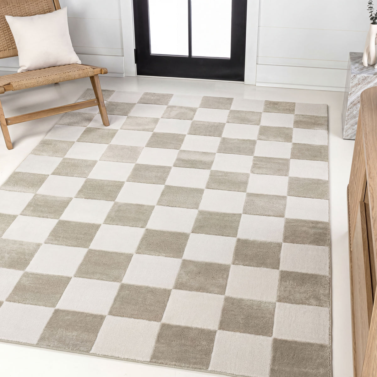 Hand Modern Geometric Checkerboard High-Low Area Rug