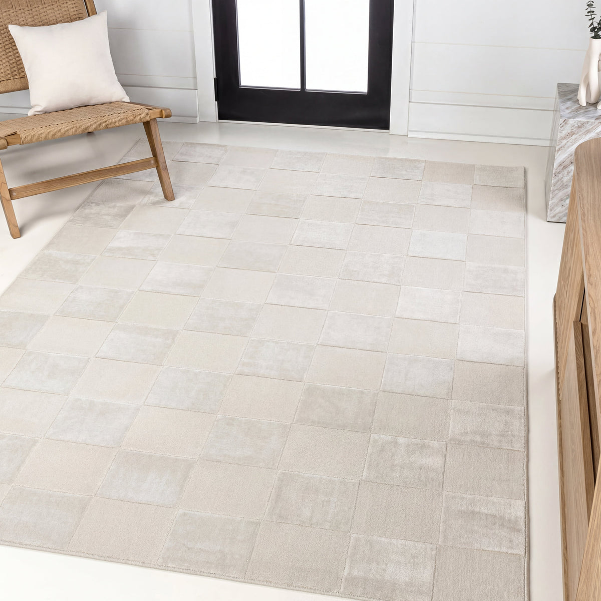 Hand Modern Geometric Checkerboard High-Low Area Rug