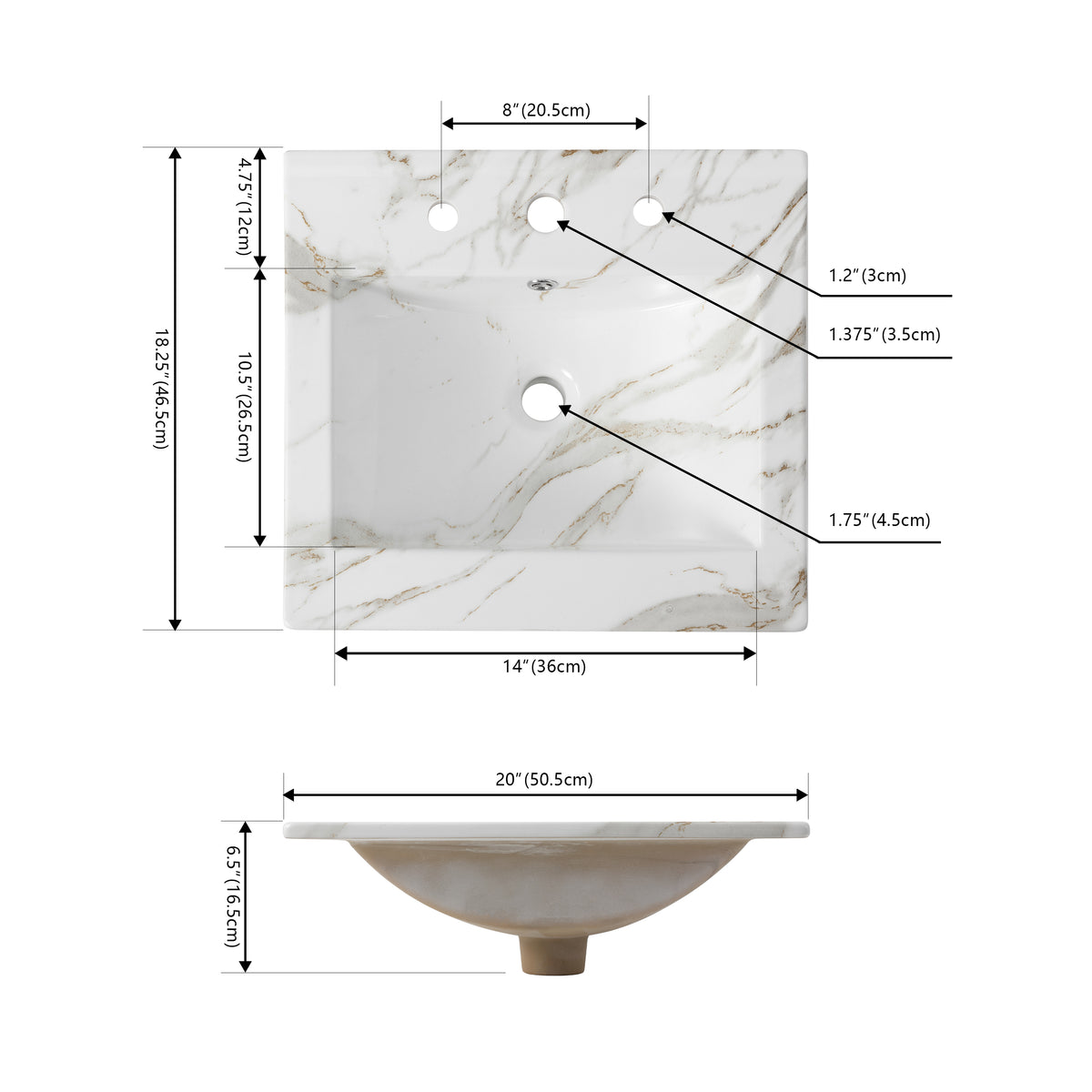 Ceramic Rectangular Ceramic Single Sink Basin Vanity Top