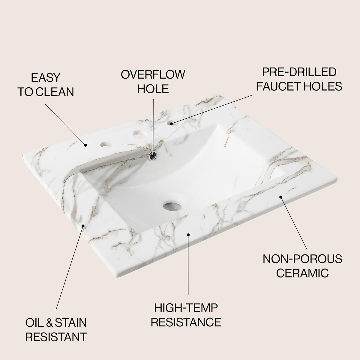 Ceramic Rectangular Ceramic Single Sink Basin Vanity Top
