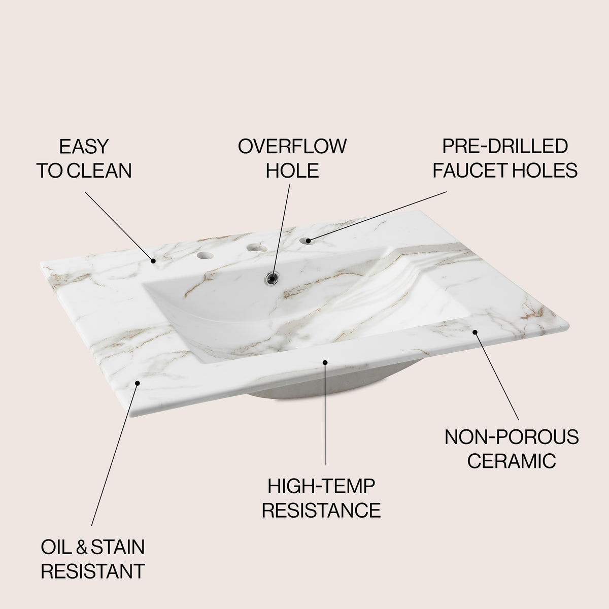 Ceramic Rectangular Ceramic Single Sink Basin Vanity Top