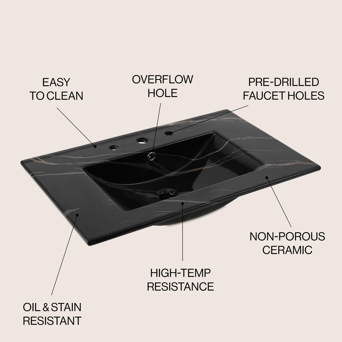 Ceramic Rectangular Ceramic Single Sink Basin Vanity Top