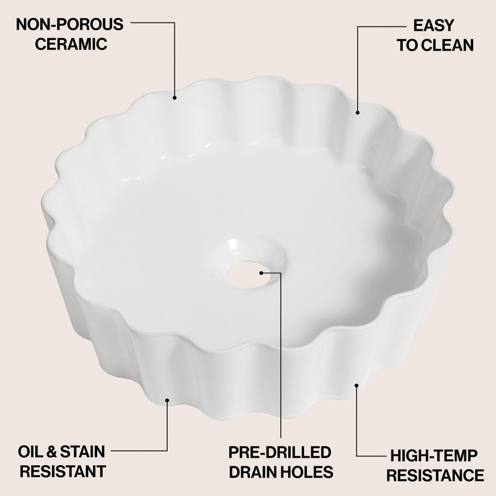 Aquo 15 in. Round Art Deco Contemporary Scalloped Ceramic Bathroom Vessel Sink