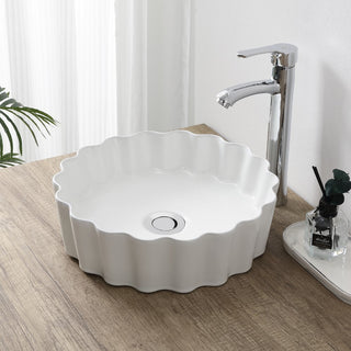 Aquo 15 in. Round Art Deco Contemporary Scalloped Ceramic Bathroom Vessel Sink