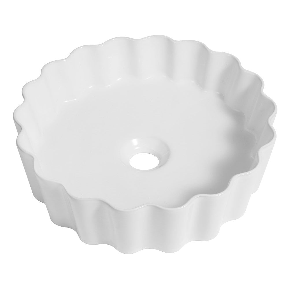 Aquo 15 in. Round Art Deco Contemporary Scalloped Ceramic Bathroom Vessel Sink