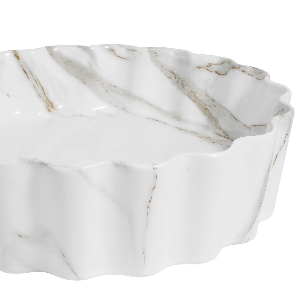 Aquo 15 in. Round Art Deco Contemporary Scalloped Ceramic Bathroom Vessel Sink