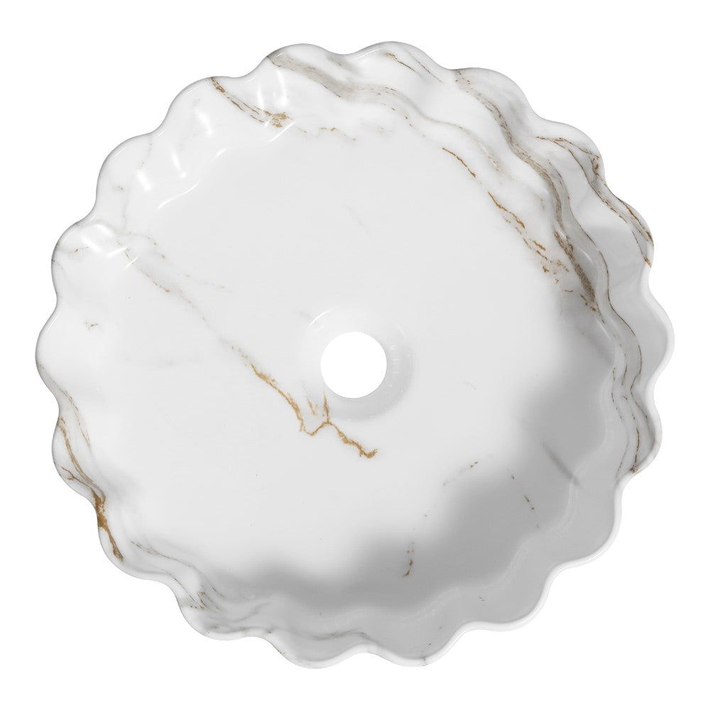 Aquo 15 in. Round Art Deco Contemporary Scalloped Ceramic Bathroom Vessel Sink
