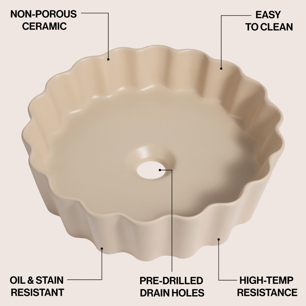 Aquo 15 in. Round Art Deco Contemporary Scalloped Ceramic Bathroom Vessel Sink