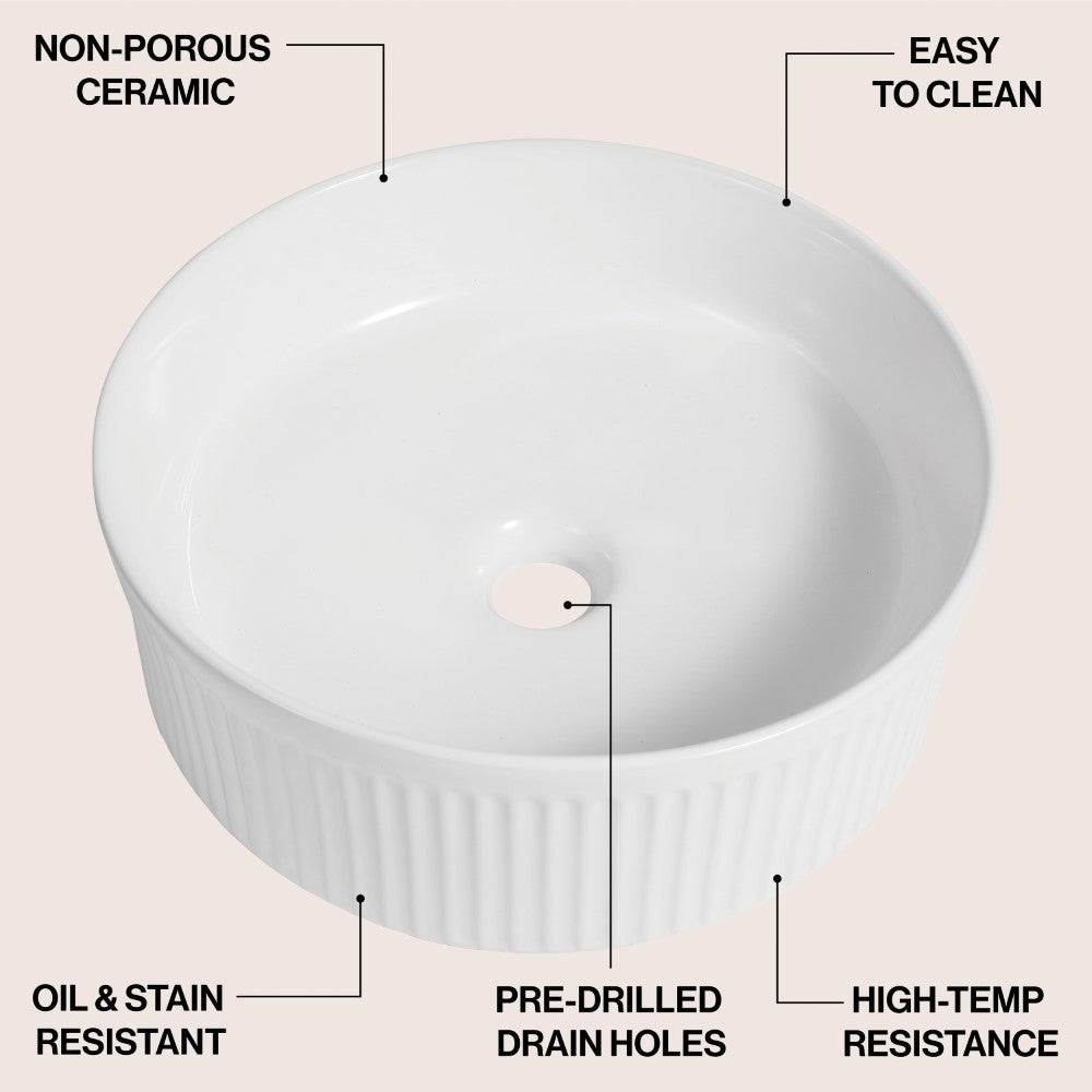 Savo 14.75 in. W x 14.75 in. D Modern Designer Round Fluted Ceramic Bathroom Vessel Sink