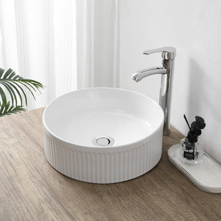 Savo 14.75 in. W x 14.75 in. D Modern Designer Round Fluted Ceramic Bathroom Vessel Sink
