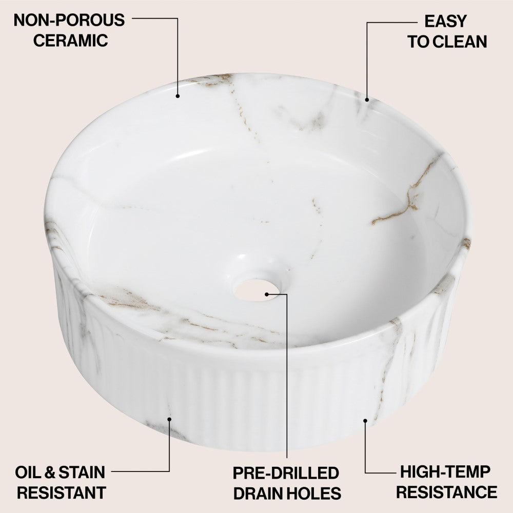 Savo 14.75 in. W x 14.75 in. D Modern Designer Round Fluted Ceramic Bathroom Vessel Sink