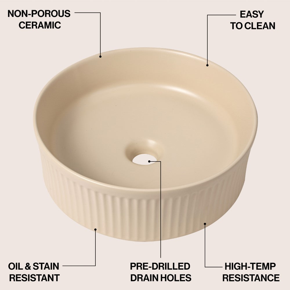 Savo 14.75 in. W x 14.75 in. D Modern Designer Round Fluted Ceramic Bathroom Vessel Sink