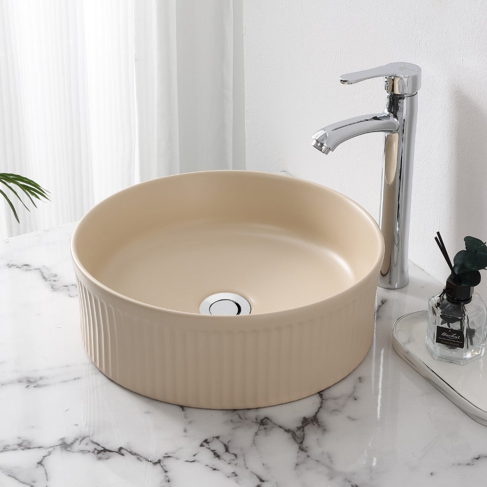 Savo 14.75 in. W x 14.75 in. D Modern Designer Round Fluted Ceramic Bathroom Vessel Sink