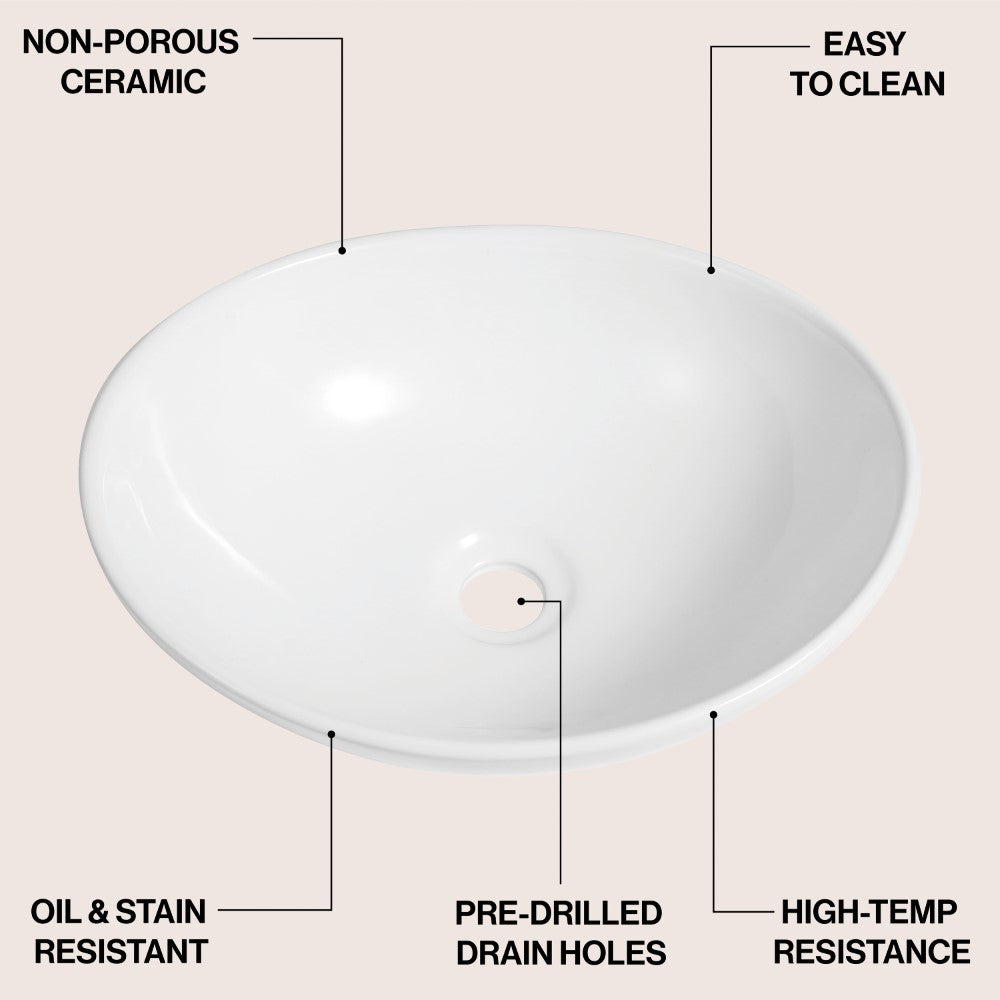 Zenu 16 in. W x 13.5 in. D Modern Minimalist Oval Ceramic Bathroom Vessel Sink