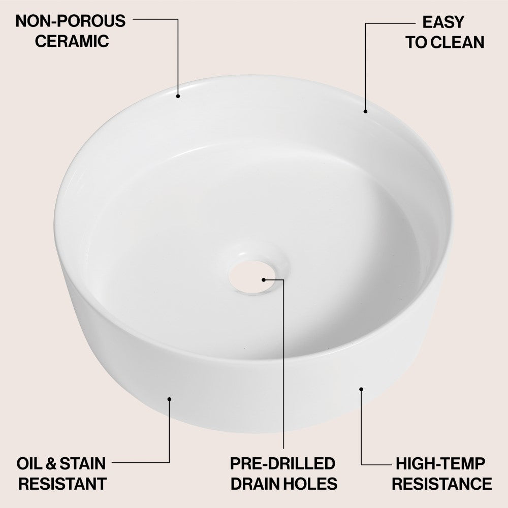 Kinu 14.25 in. Round Art Deco Contemporary Ceramic Bathroom Vessel Sink
