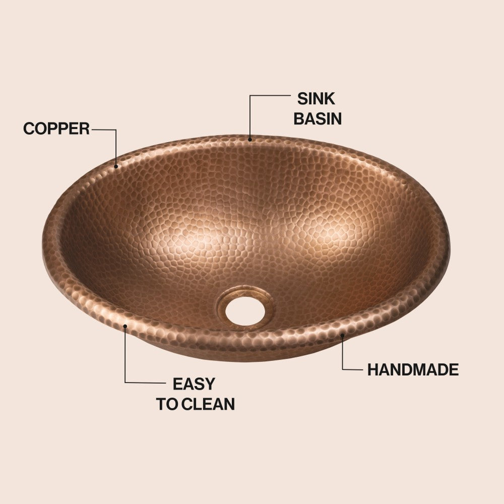 Loveseat 17 in. Oval Bowl Rustic Pure Copper Hand-Hammered Drop-In/Above Counter Bathroom Vanity Sink