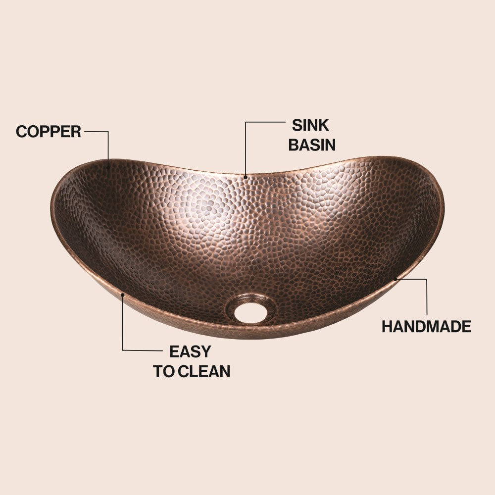 Aspen 19 in. Boat-Shaped Rustic Pure Copper Hand-Hammered Above Counter Vessel Bathroom Vanity Sink