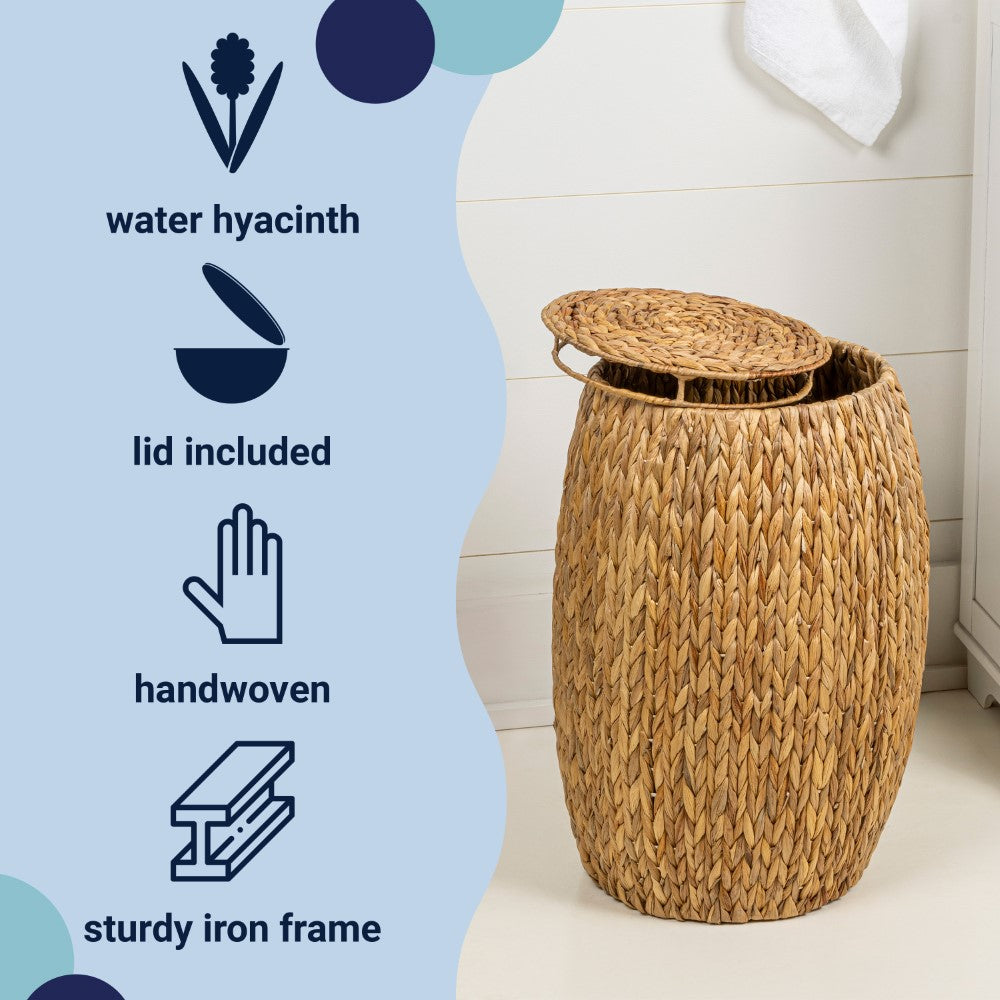 Bay 21.06" Coastal Bohemian Handwoven Hyacinth Barrel Storage Stool with Lid