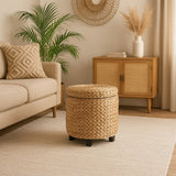 Addie 17.72" Modern Coastal Handwoven Water Hyacinth Storage Ottoman with Lid