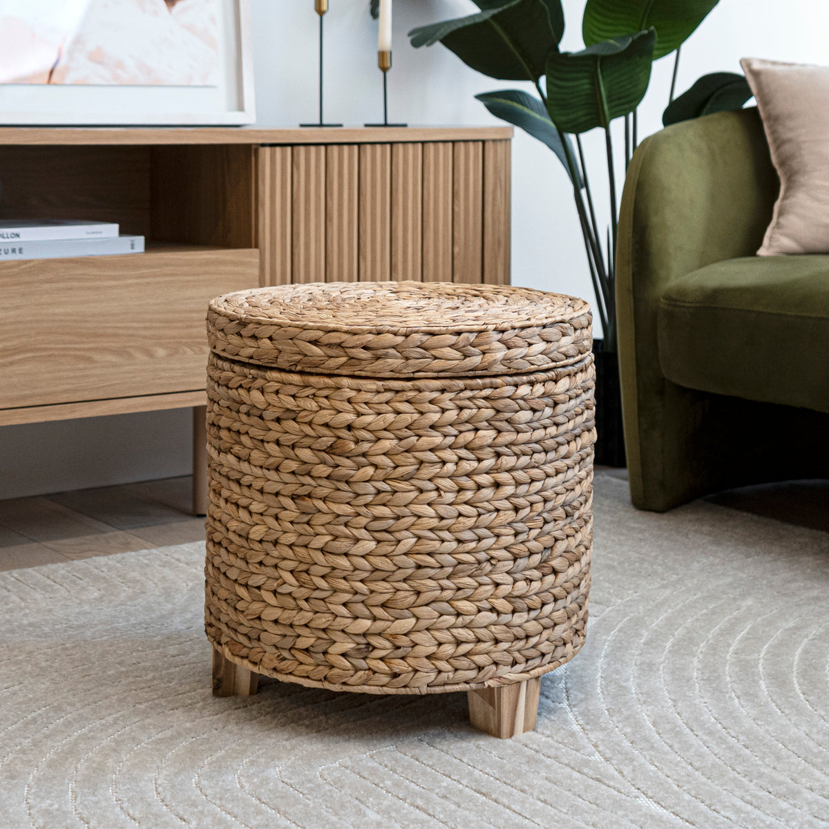 Addie 17.72" Modern Coastal Handwoven Water Hyacinth Storage Ottoman with Lid