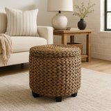 Addie 17.72" Modern Coastal Handwoven Water Hyacinth Storage Ottoman with Lid