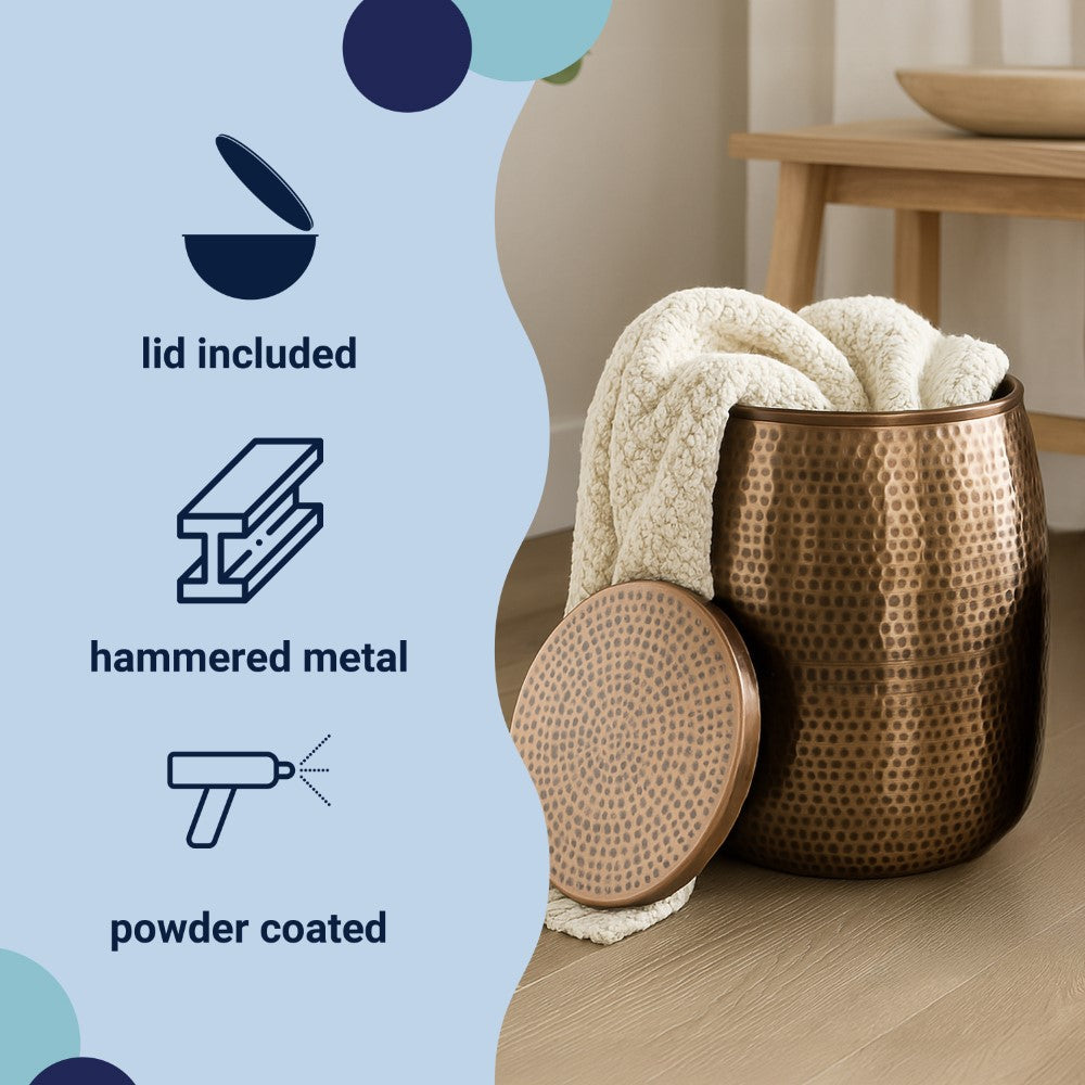 Merida 19" Modern Rustic Hammered Metal Drum Storage Side Table with Lid