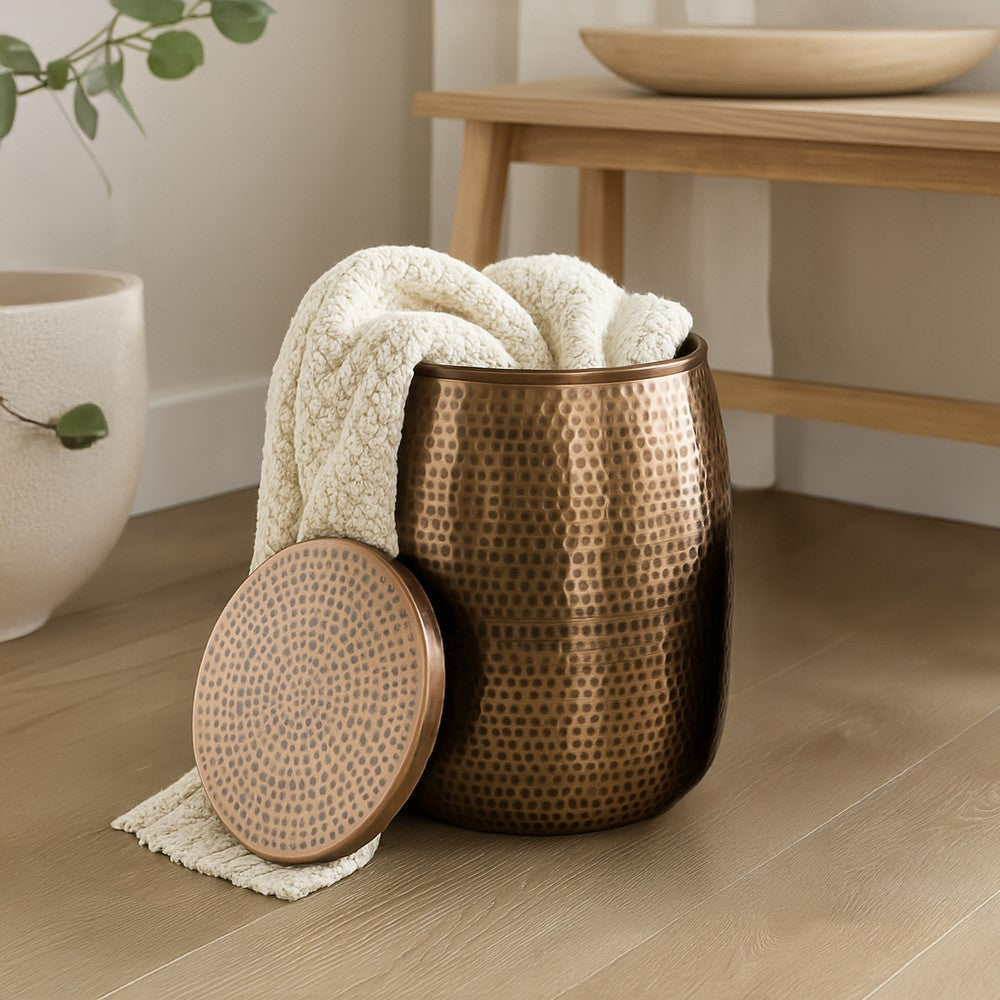 Merida 19" Modern Rustic Hammered Metal Drum Storage Side Table with Lid