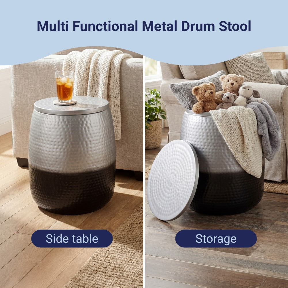 Merida 19" Modern Rustic Hammered Metal Drum Storage Side Table with Lid