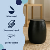 Merida 15" Modern Rustic Hammered Metal Drum Storage Side Table with Lid