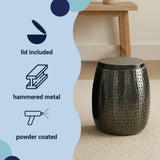 Merida 15" Modern Rustic Hammered Metal Drum Storage Side Table with Lid