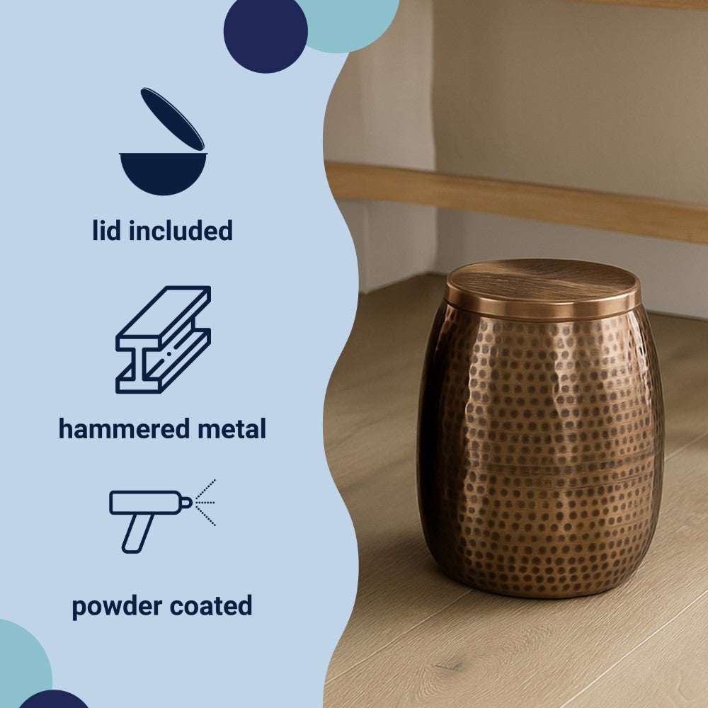 Merida 15" Modern Rustic Hammered Metal Drum Storage Side Table with Lid