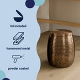 Merida 15" Modern Rustic Hammered Metal Drum Storage Side Table with Lid