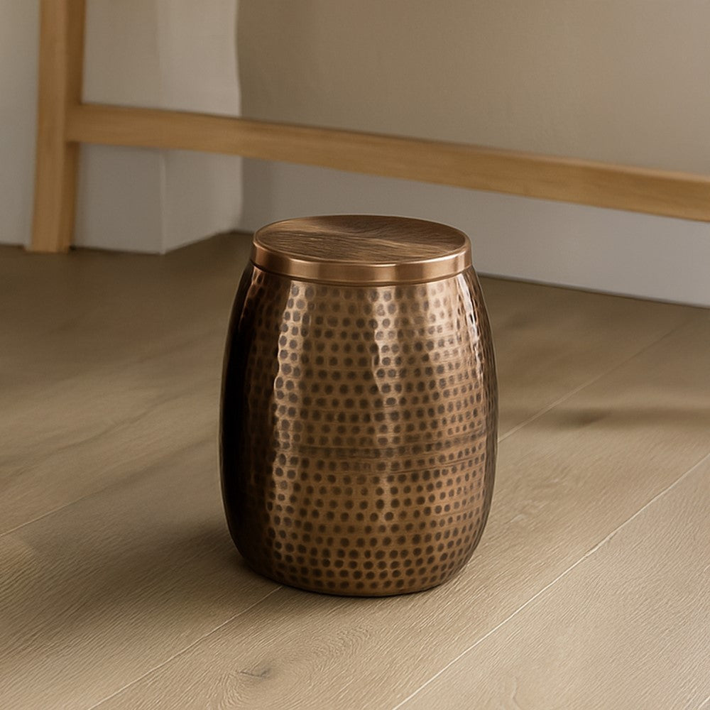 Merida 15" Modern Rustic Hammered Metal Drum Storage Side Table with Lid