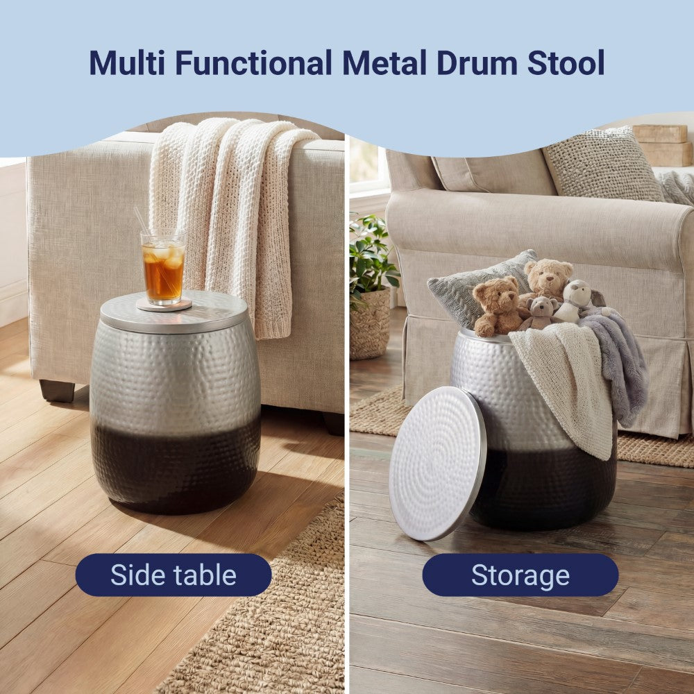 Merida 15" Modern Rustic Hammered Metal Drum Storage Side Table with Lid