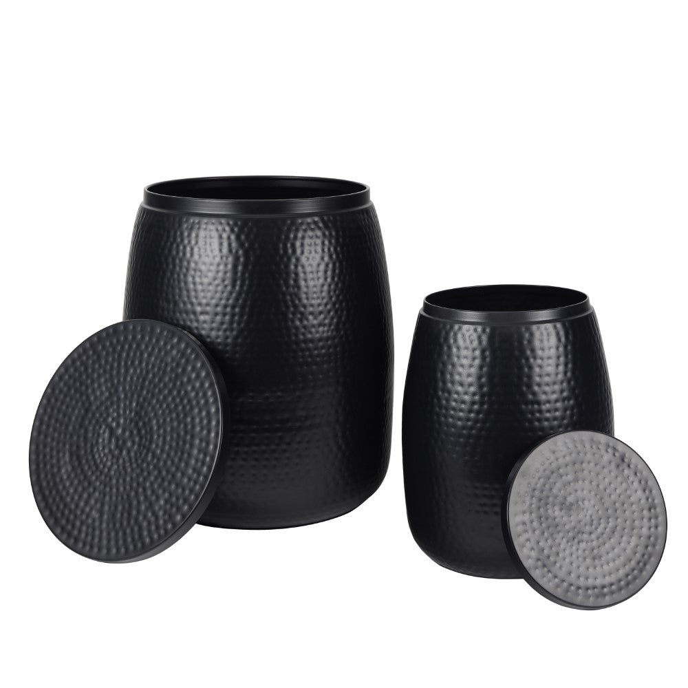 Merida Modern Rustic 2-Piece Hammered Metal Drum Storage Side Tables with Lids