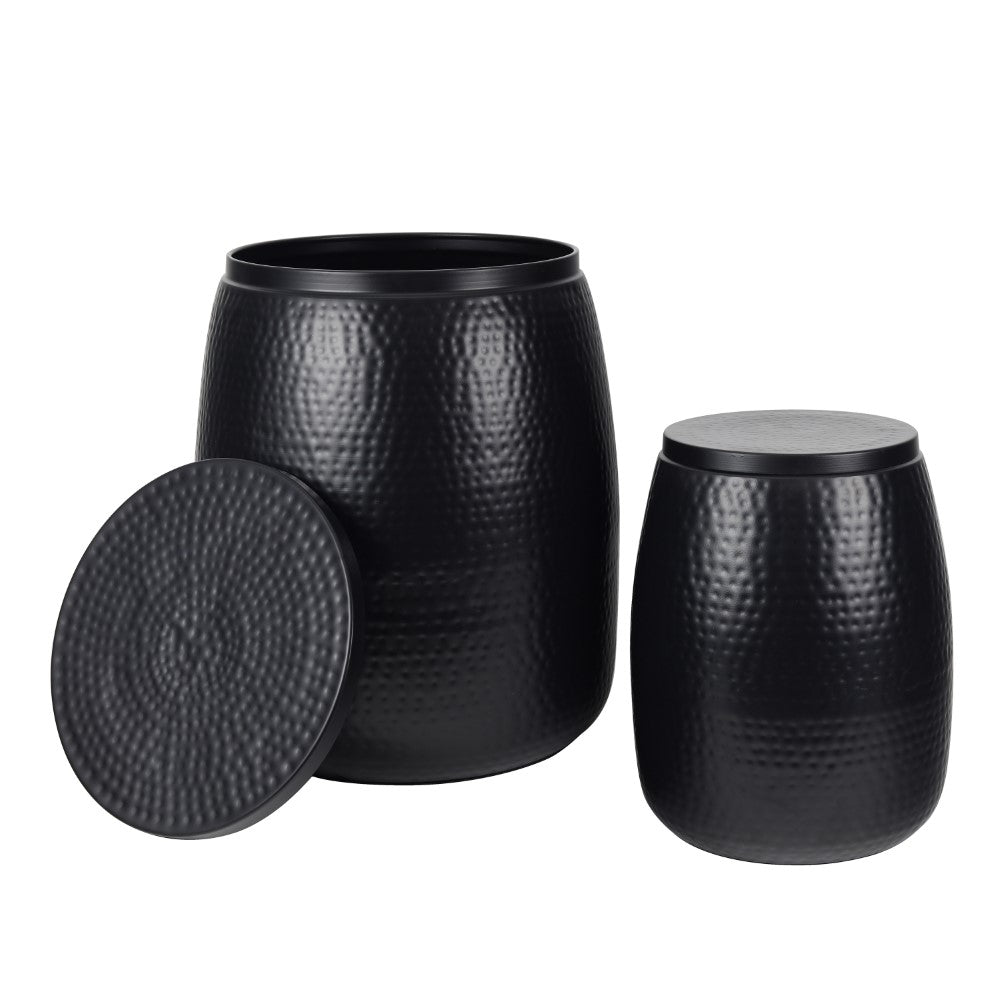 Merida Modern Rustic 2-Piece Hammered Metal Drum Storage Side Tables with Lids