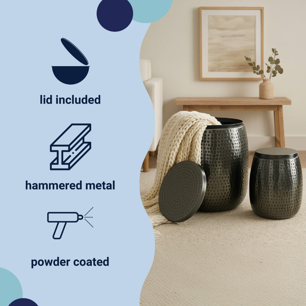 Merida Modern Rustic 2-Piece Hammered Metal Drum Storage Side Tables with Lids