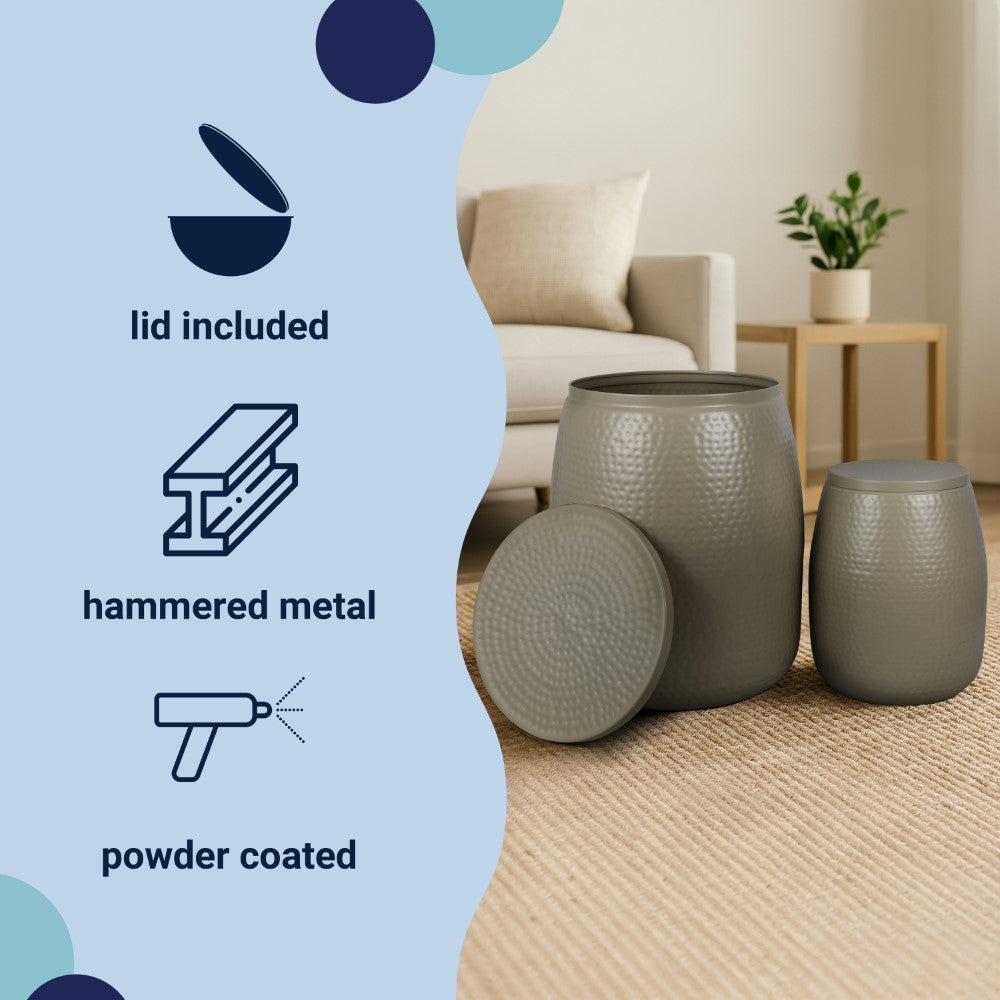 Merida Modern Rustic 2-Piece Hammered Metal Drum Storage Side Tables with Lids