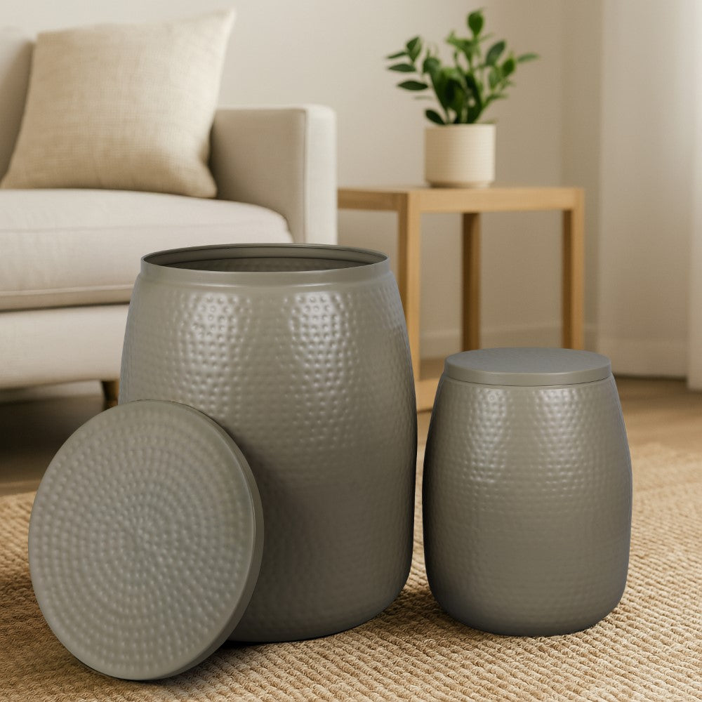 Merida Modern Rustic 2-Piece Hammered Metal Drum Storage Side Tables with Lids