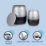Merida Modern Rustic 2-Piece Hammered Metal Drum Storage Side Tables with Lids