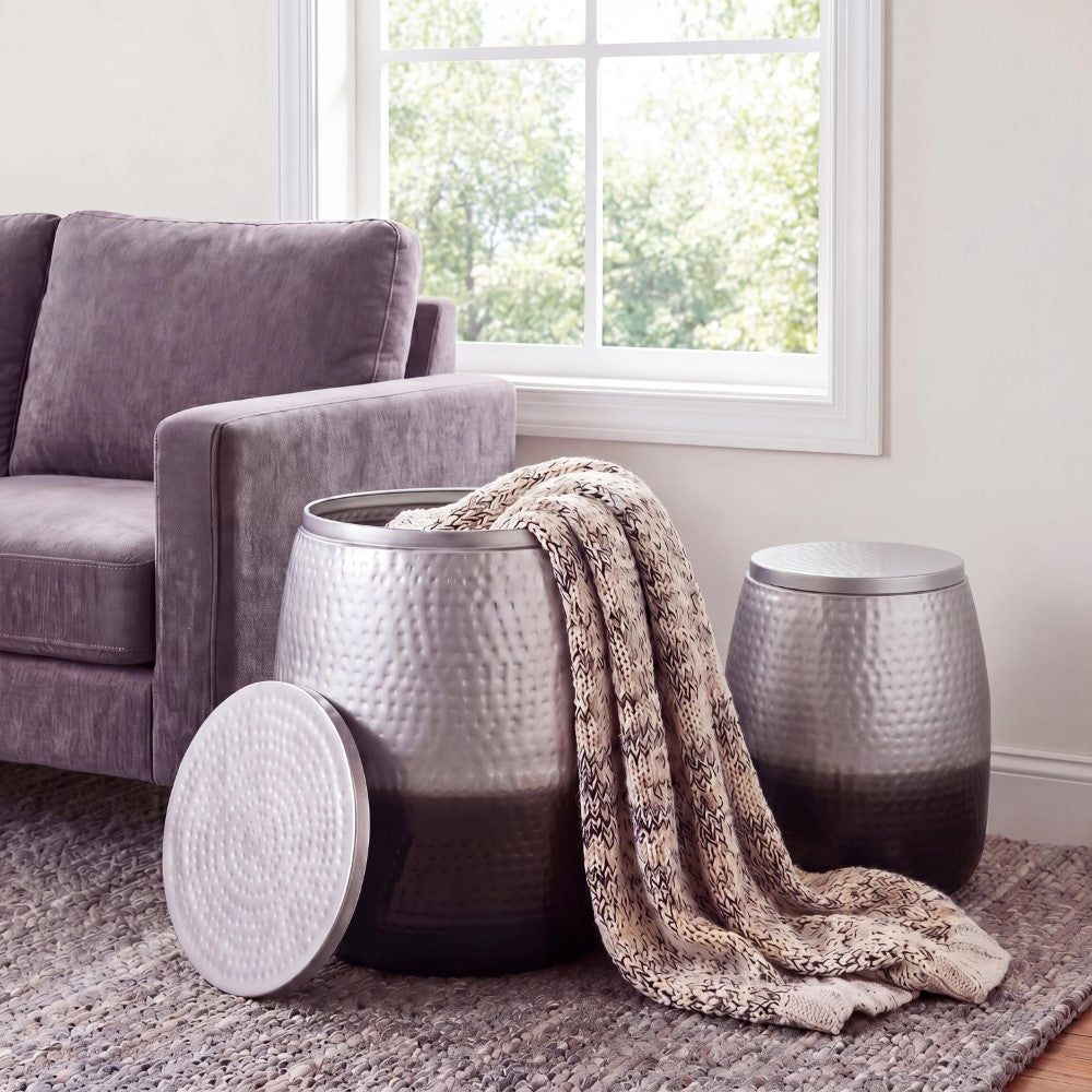 Merida Modern Rustic 2-Piece Hammered Metal Drum Storage Side Tables with Lids