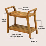 Veyra 25.6" Modern Classic Slatted Solid Acacia Wood Indoor/Outdoor Shower Bench with Shelf and Handle