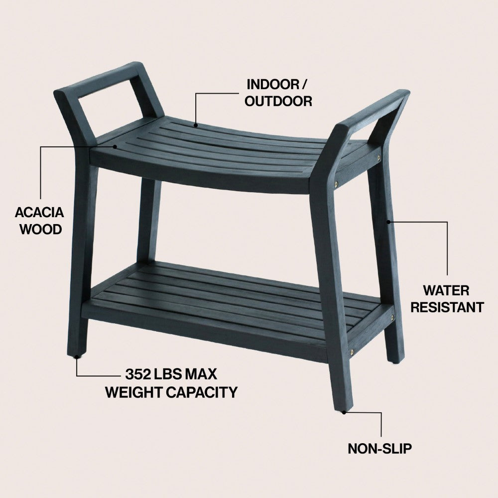 Veyra 25.6" Modern Classic Slatted Solid Acacia Wood Indoor/Outdoor Shower Bench with Shelf and Handle