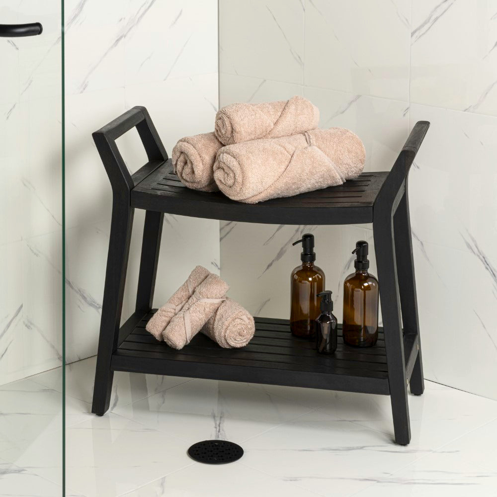 Veyra 25.6" Modern Classic Slatted Solid Acacia Wood Indoor/Outdoor Shower Bench with Shelf and Handle