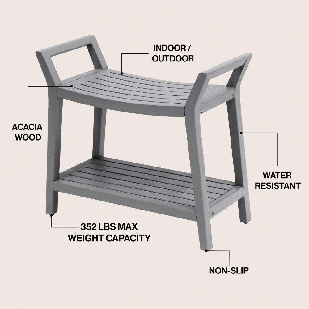 Veyra 25.6" Modern Classic Slatted Solid Acacia Wood Indoor/Outdoor Shower Bench with Shelf and Handle