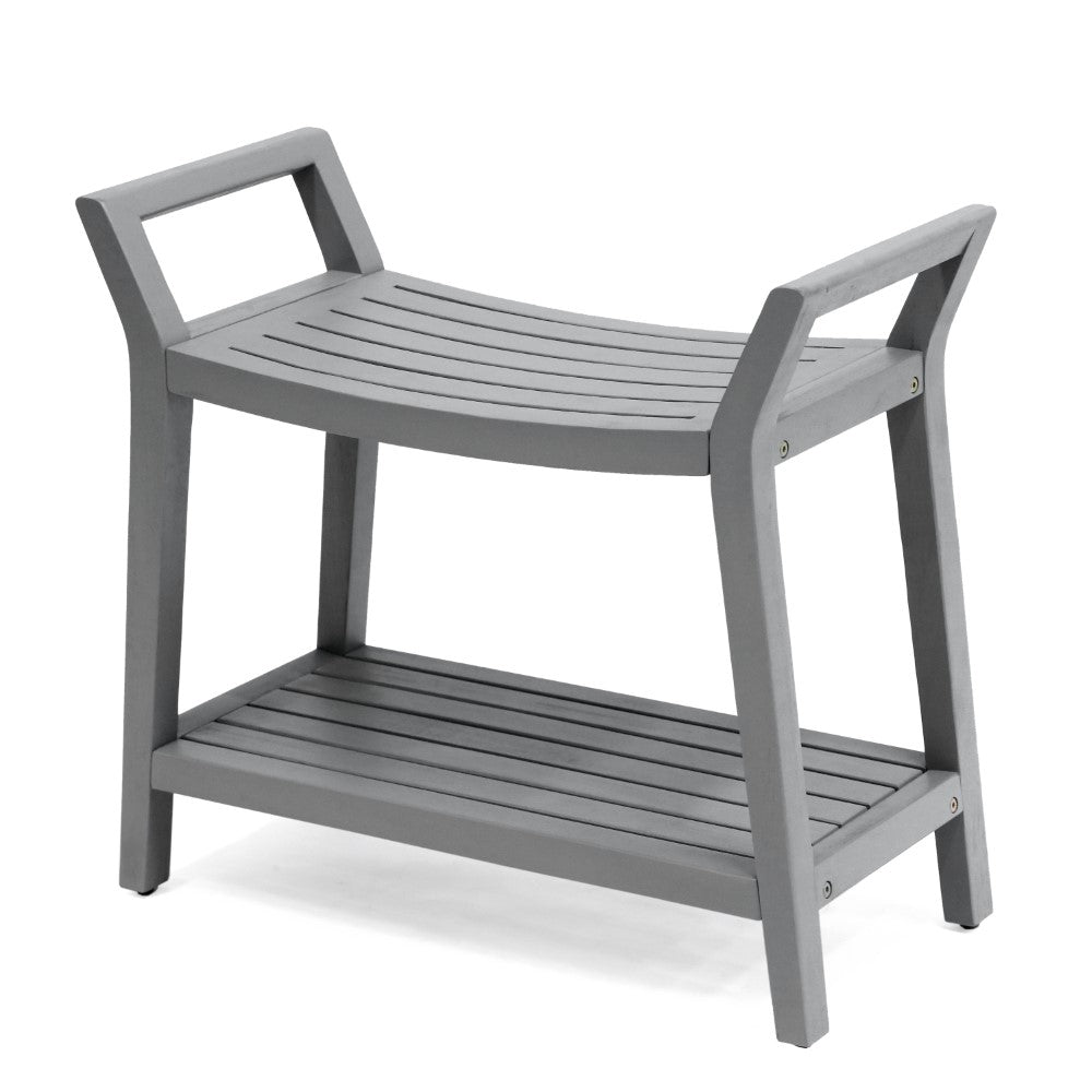 Veyra 25.6" Modern Classic Slatted Solid Acacia Wood Indoor/Outdoor Shower Bench with Shelf and Handle